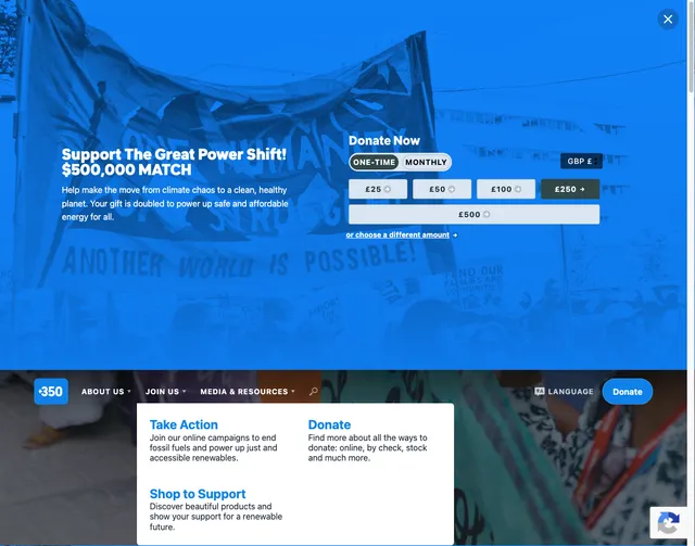 Screen grab of 350.org